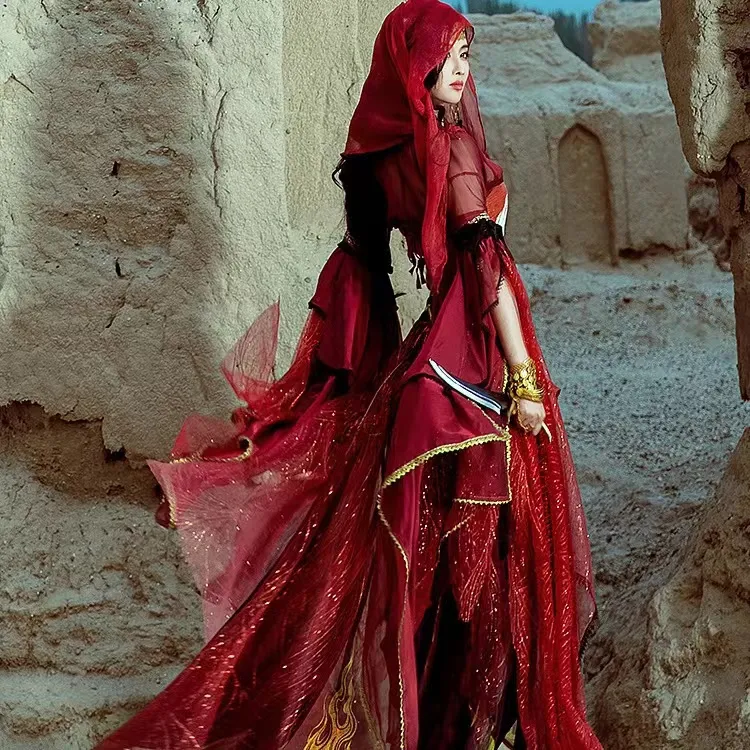 Exotic Goddess Dunhuang Red Fire Festival for Cosplay, Halloween, Belly Dance, and Red and Gold Hanfu Parties