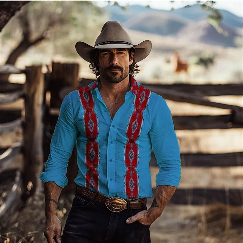 3D Printed Retro Western Cowboy Mens Shirt Outdoor Spring And