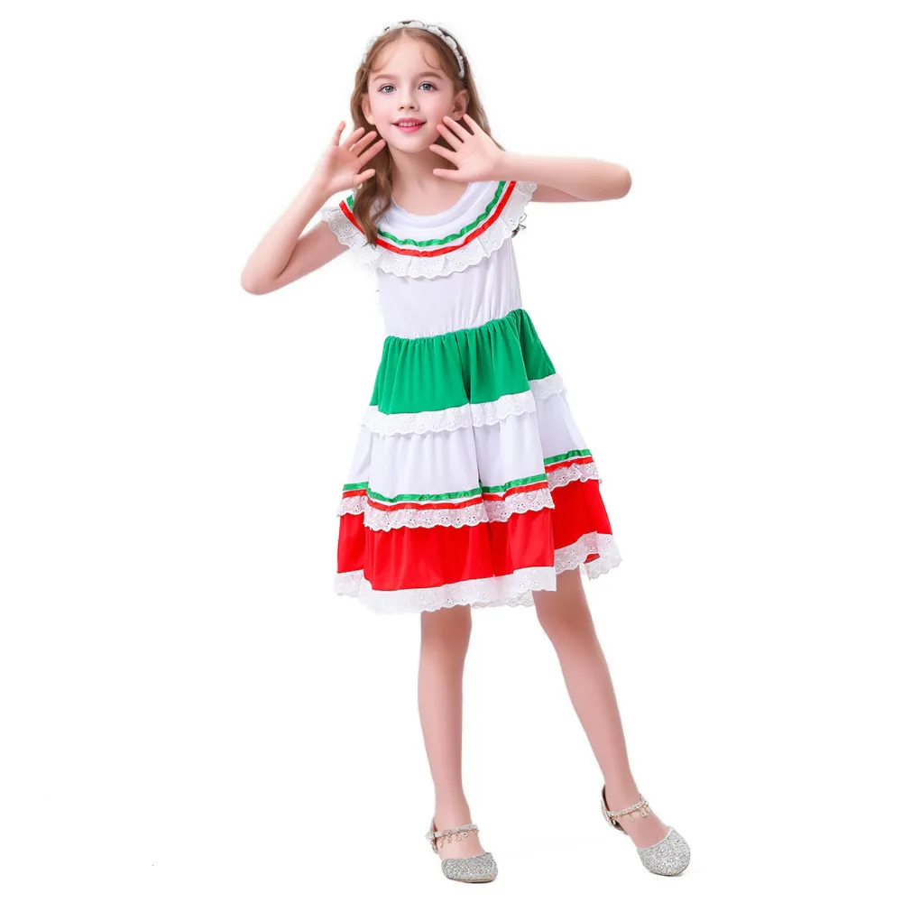 Child Traditional Mexican Girls Dancers White Fancy Dress Kids Cinco de Mayo Carnival Halloween Party Cosplay Costume