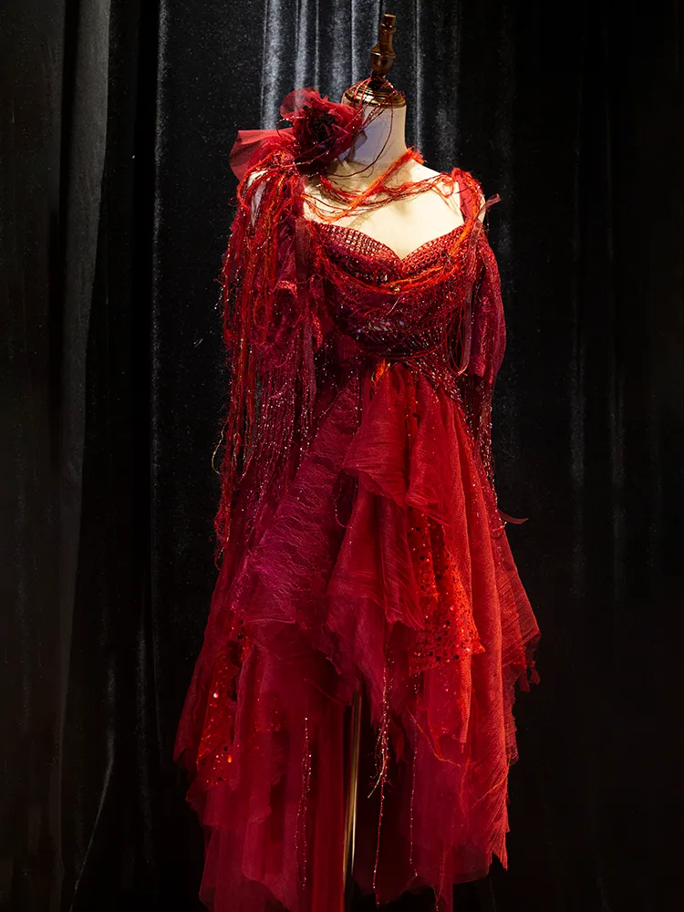 Dark Red Love Explosion Ballgown Skirt with Flash Corset - Perfect for EDC, Vampire Cosplay, Halloween and Gothic Performances