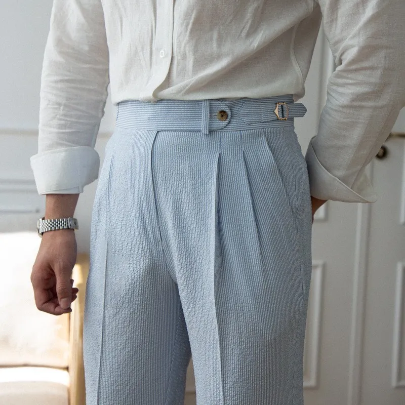 Mens Slim Fit Dress Pants Blue Striped, High Waist, Solid Color