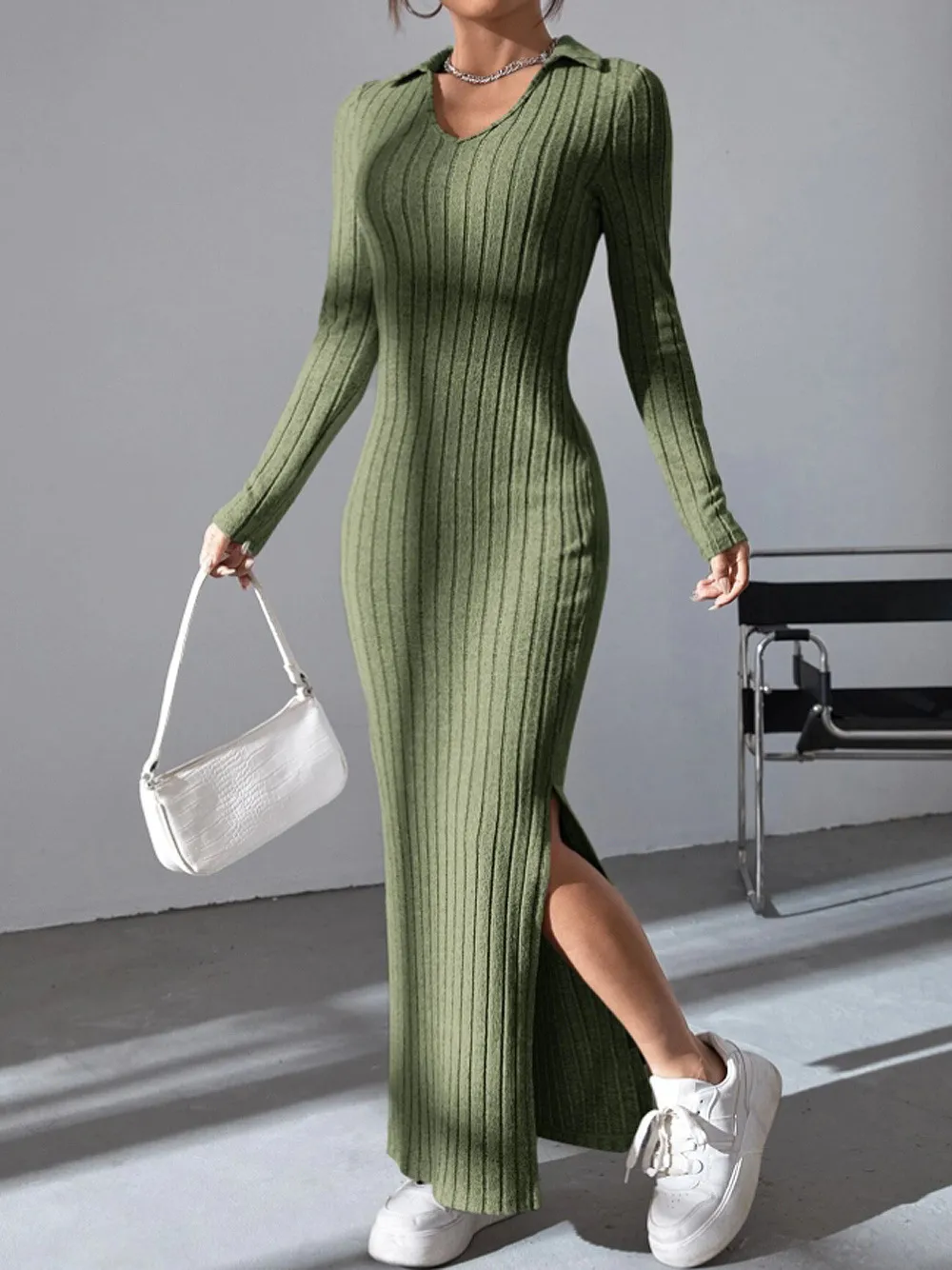 Womens Slim Fit Knit Dress With V Neck & Side Slit ... From Dh2958055,  $13.78 In Bulk | DHgate.Com