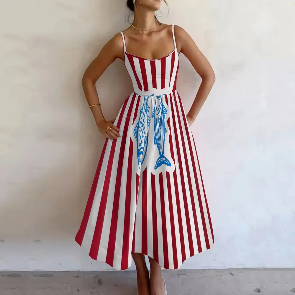 Fish Print Sundress Women Mid-Calf Fit and Flare Dress with Spaghetti  Straps and Square Collar from Dhgate Basic & Casual Dresses - price 16.12