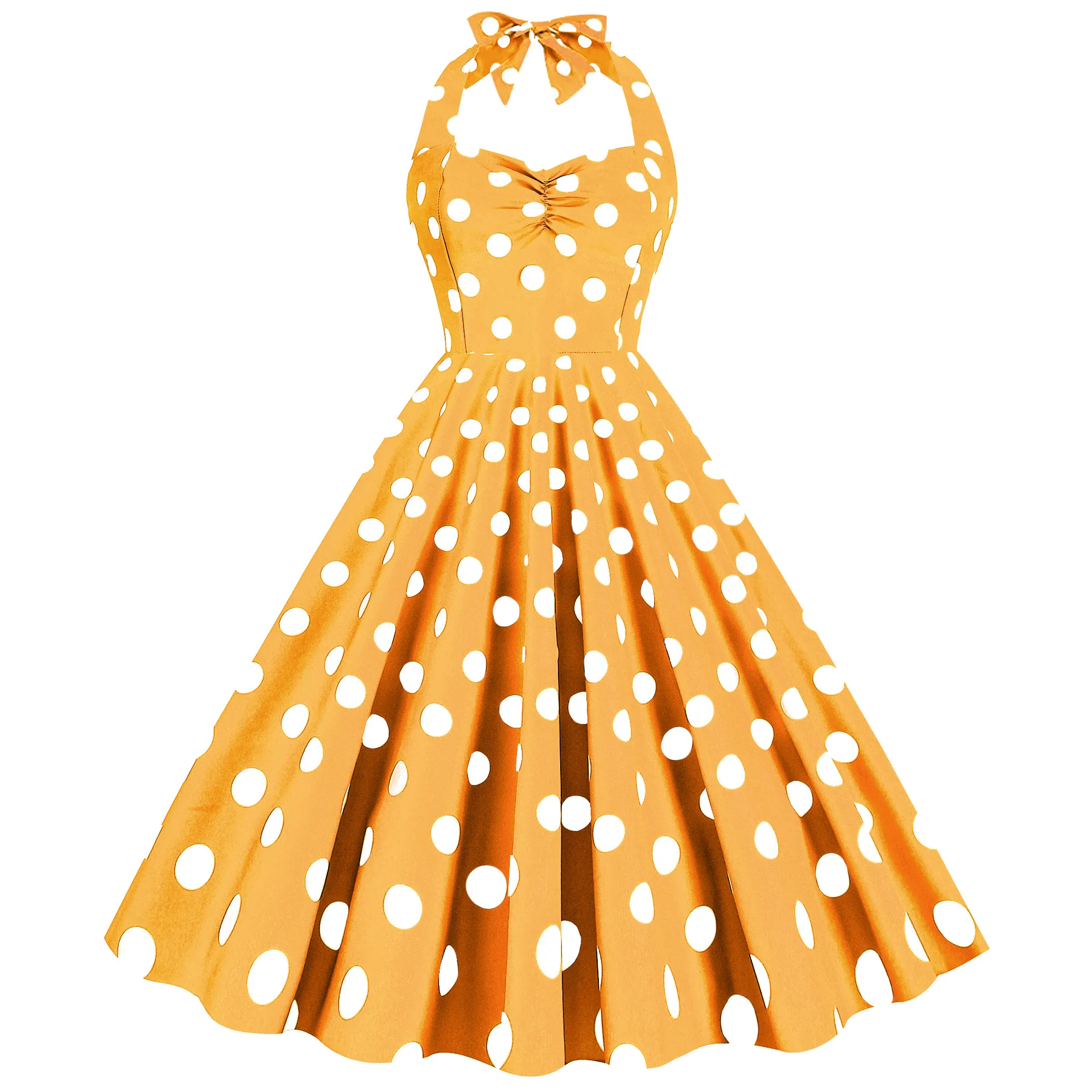 Vintage Gothic Halter Polka Dot Dress in Yellow Polka Dot with Audrey Hepburn - Perfect for Rockabilly and Sexy Women's Clothing in The 50s and 60s