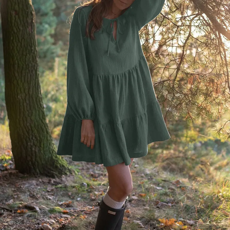 Muslin 100% Cotton Dress Loose Fit Lace-up Long Sleeve Green Mini Dress for  Women Autumn from Dhgate Basic & Casual Dresses - price 18.61