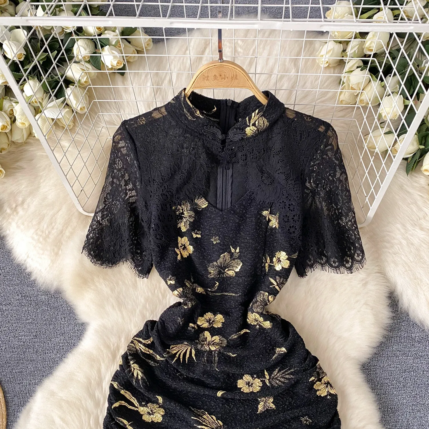 Black Floral Lace Bodycon Dress With Cap Sleeves & Stand Collar  Summer  Evening Wear For Women From Xiongstore, $34.18 | DHgate.Com