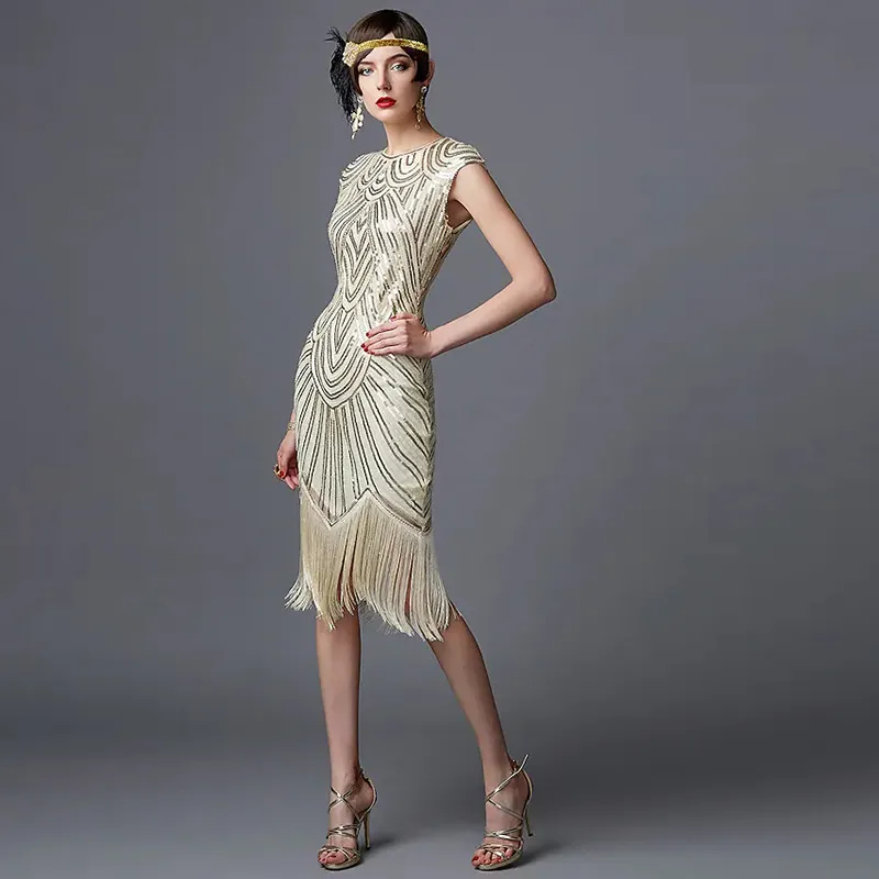 1920s bodycon dress WEDTREND Women Beaded Black Golden Fringed Bodycon 1920s Dress Round Neck  Short Flapper Dress With Short Sleeves