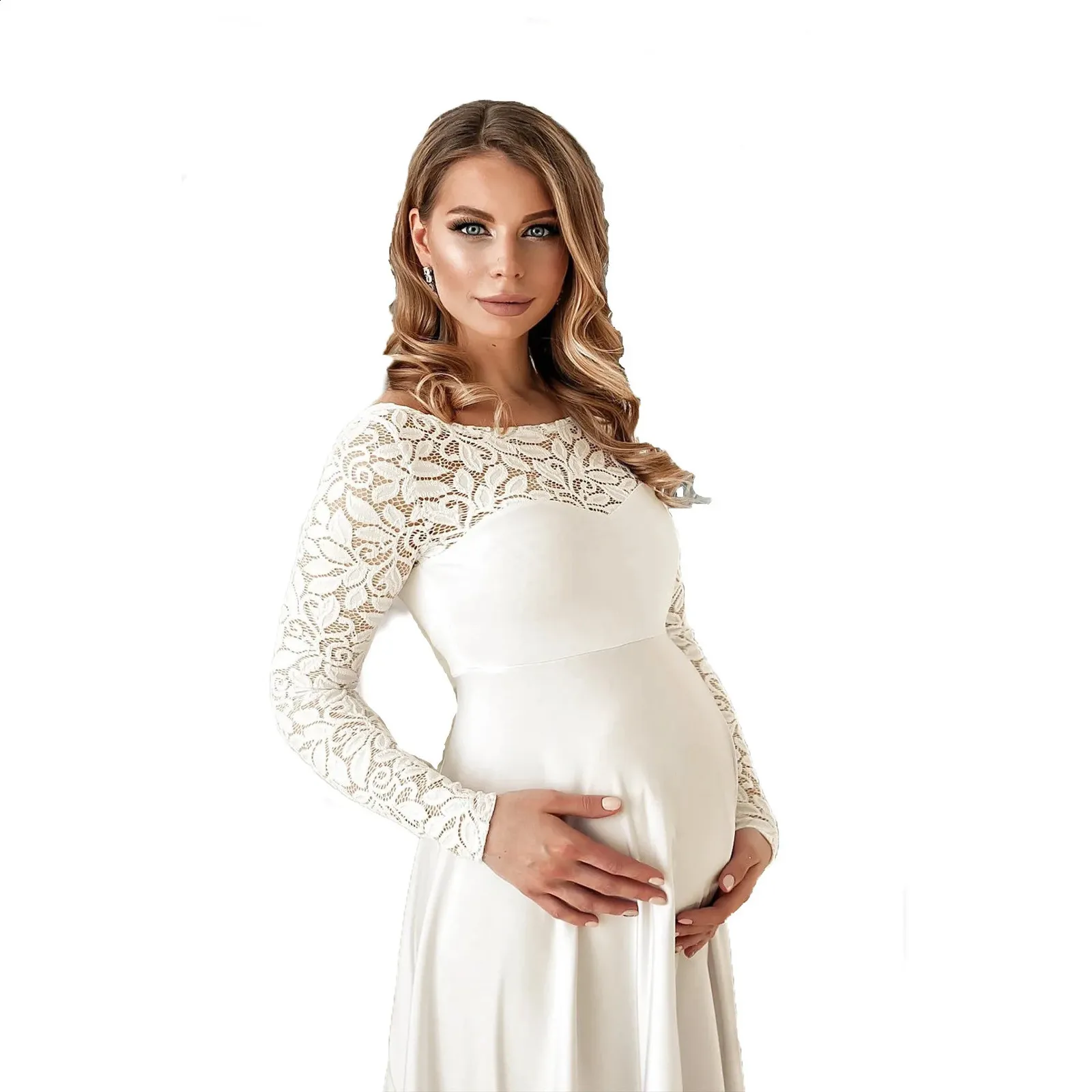Chic White Chiffon Lace White Lace maternity dress for Photoshoots - Long Hollow Out for Pregnant Women - Perfect Pography Prop (241223)