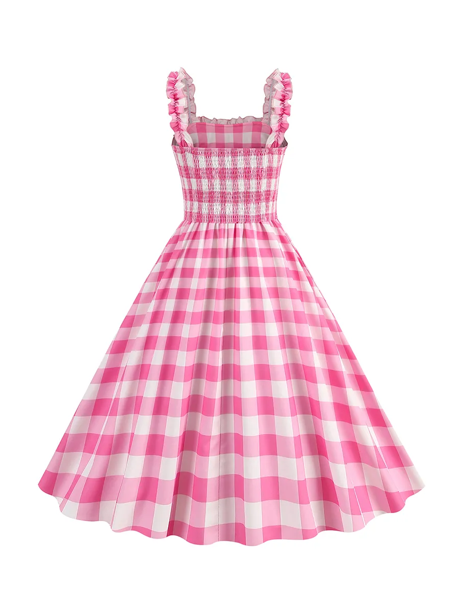 Vintage Pink Plaid Checkered Dress for Women - Spaghetti Strap Audrey Cocktail Swing Dress