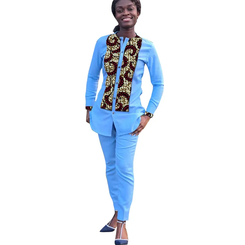 dhpeteb Ankara Patch Blue Pants Outfit Set for Women - Nigerian Fashion Top for Occasions