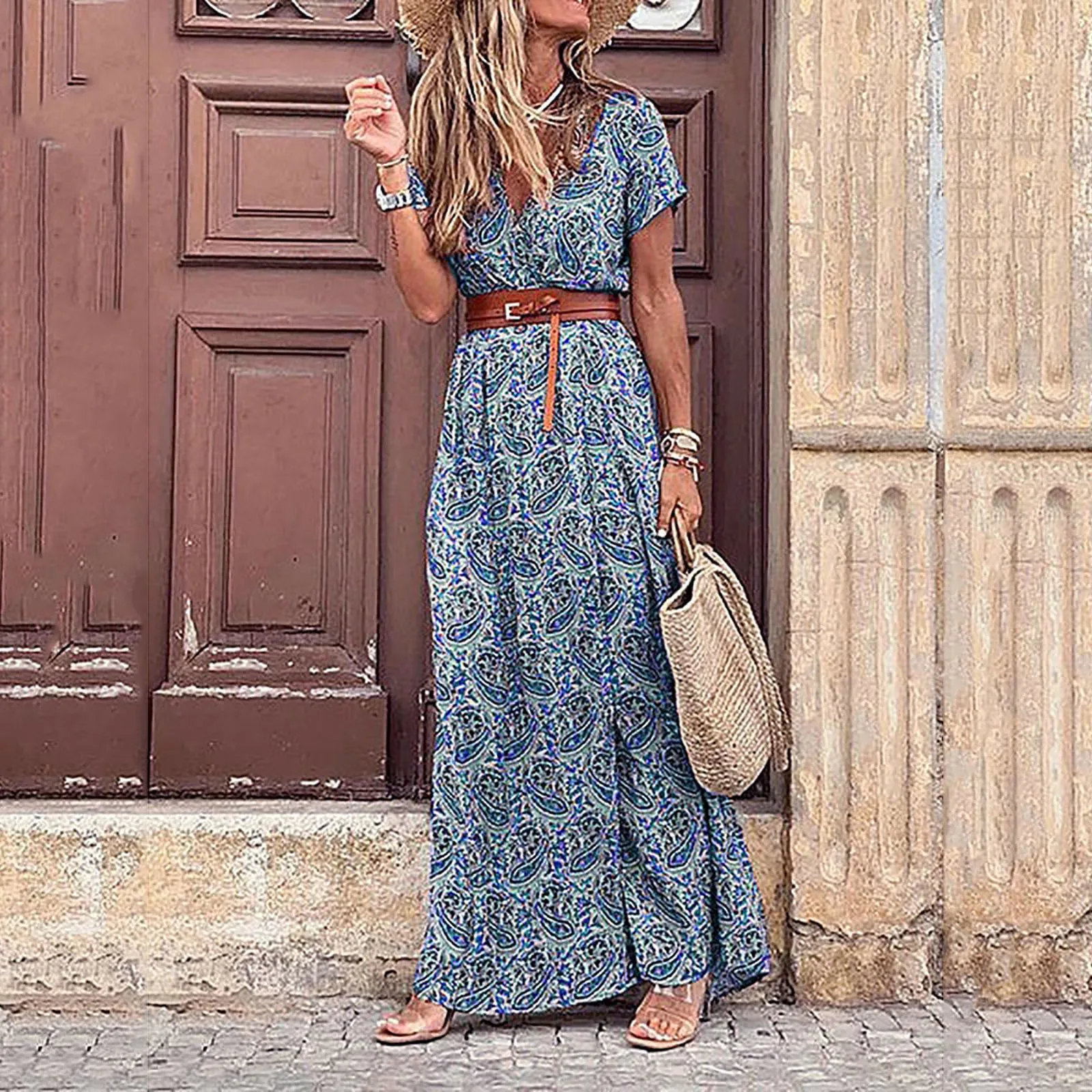 chinese dress ladies Plus Size Dress for Women Bohemian Floral V Neck Ruffle Sleeve Summer Beach  Casual Boho Maxi Dresses main image 0