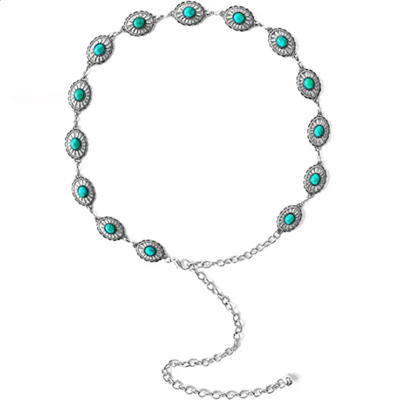Western Metal Concho Belts Adjustable Turquoise Inlaid Metal  display picture 1
