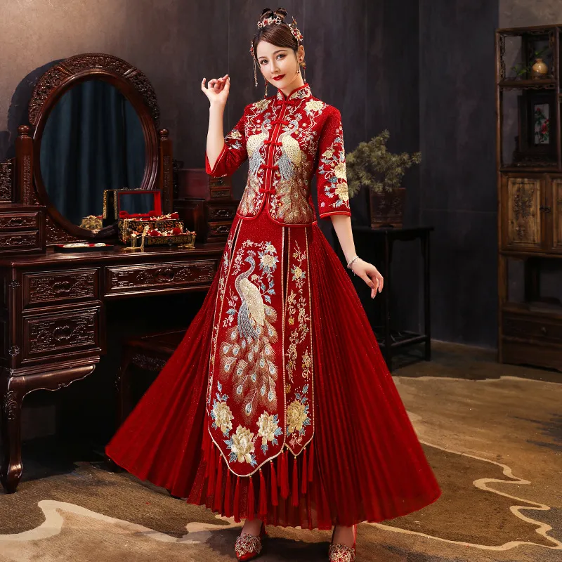 qipao wedding dress Red Lace Fishtail Wedding Bride Qipao Cheongsam Dress- IMALLURE Custom Made / Burgundy