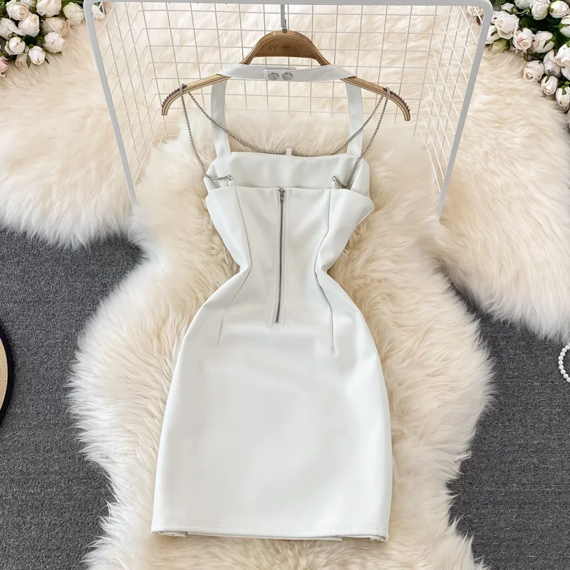 white leather bodycon dress Halter Neck Faux Leather Bodycon Dress