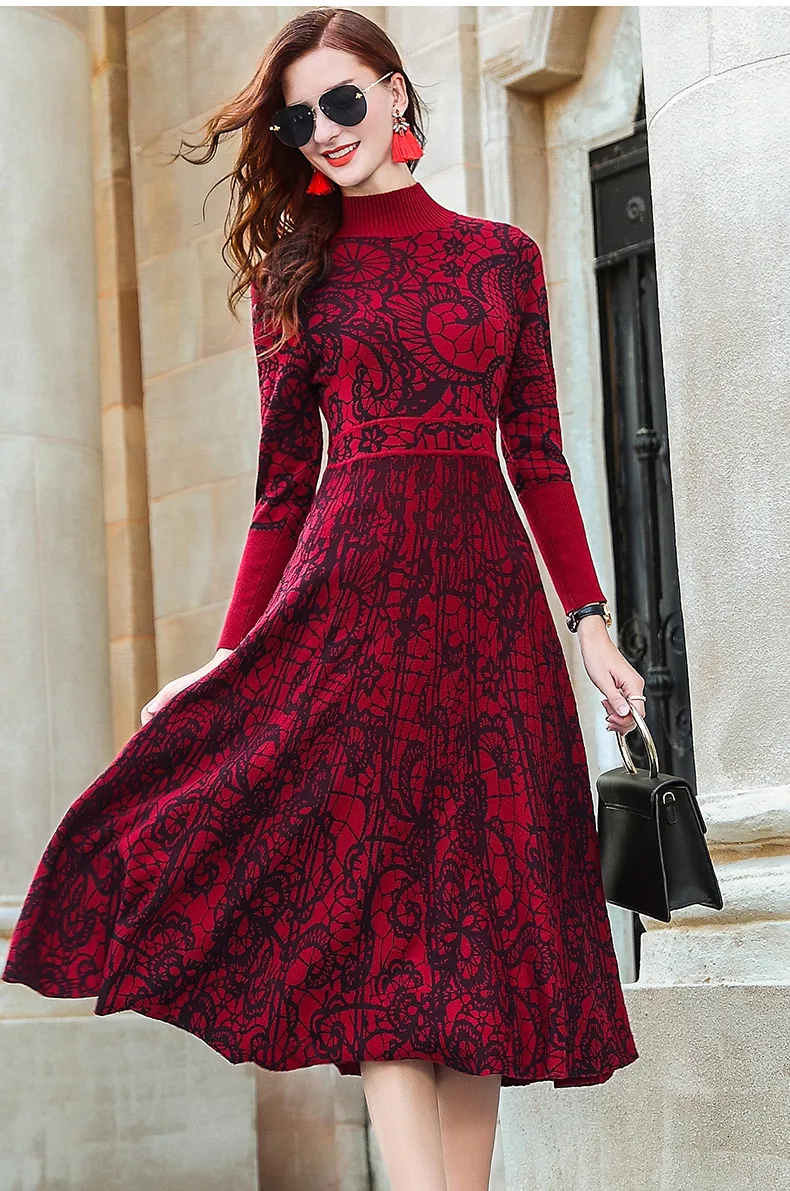 Aimeili Red Turtle Neck Knit Long Sleeve Knee-Length Dress for Autumn/Winter 2024