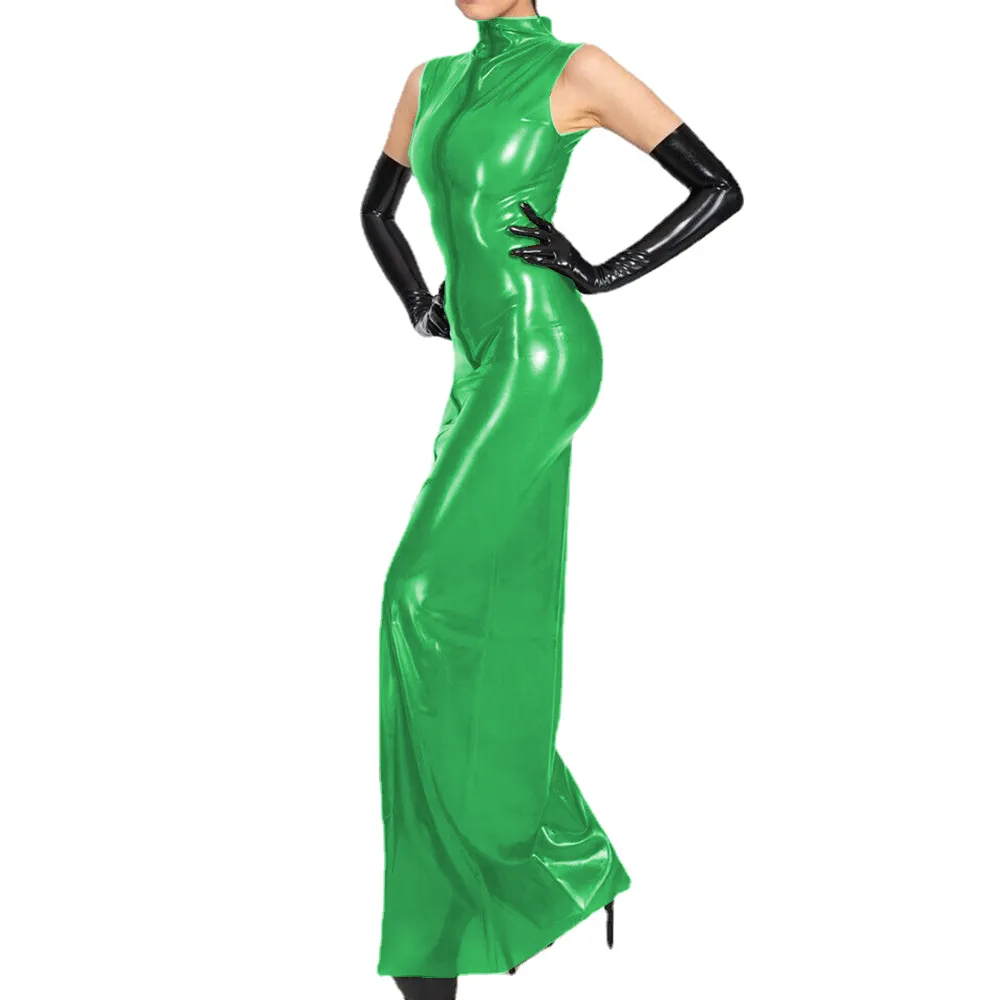 Vibrant Pink Full-Length Latex Dress with High Neckline and Long Sleeves