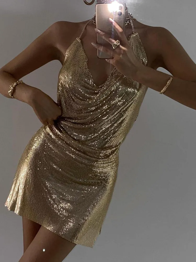 Womens Gold Sequin Dress, Sleeveless Halter Mini... From Dh2958055, $40.51  In Bulk | DHgate.Com