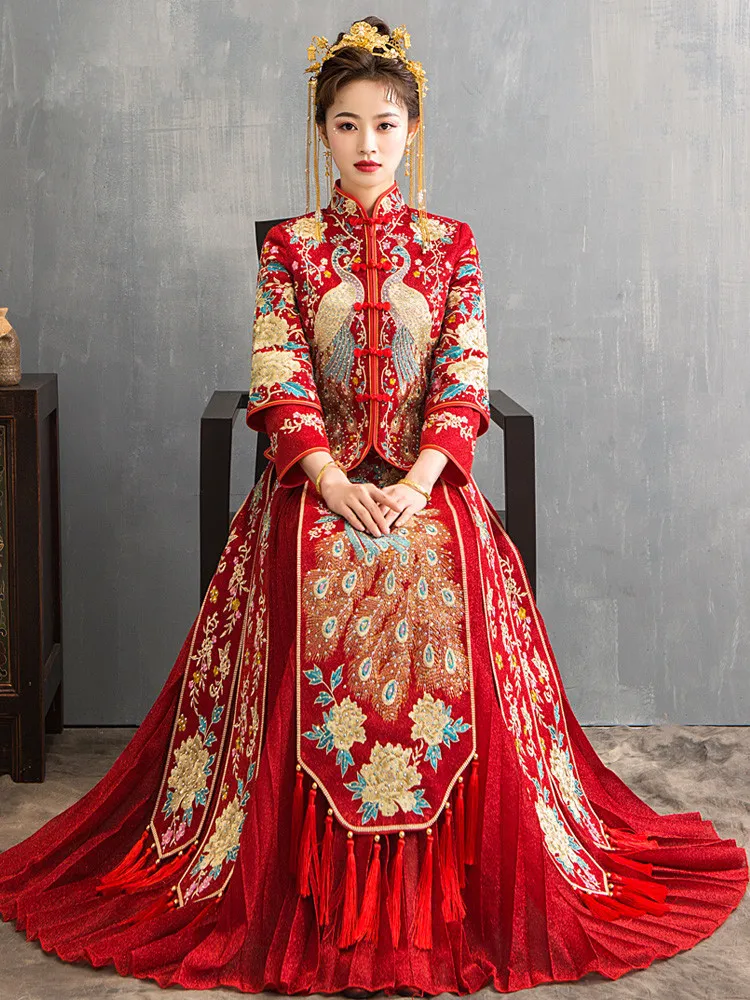 2020 Modern Oriental Style Cheongsam Red Qipao Dress - Traditional Chinese Wedding folk clothing in Size 6XL