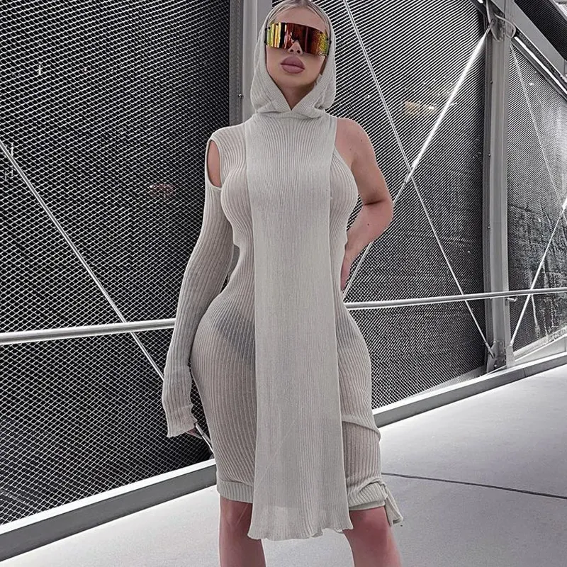 Skinny Ribbed hooded sweater Dress Midi Dress - One Sleeve Knit Asymmetric Style for Fall/Spring Clubwear and Streetwear Baddie Clothes