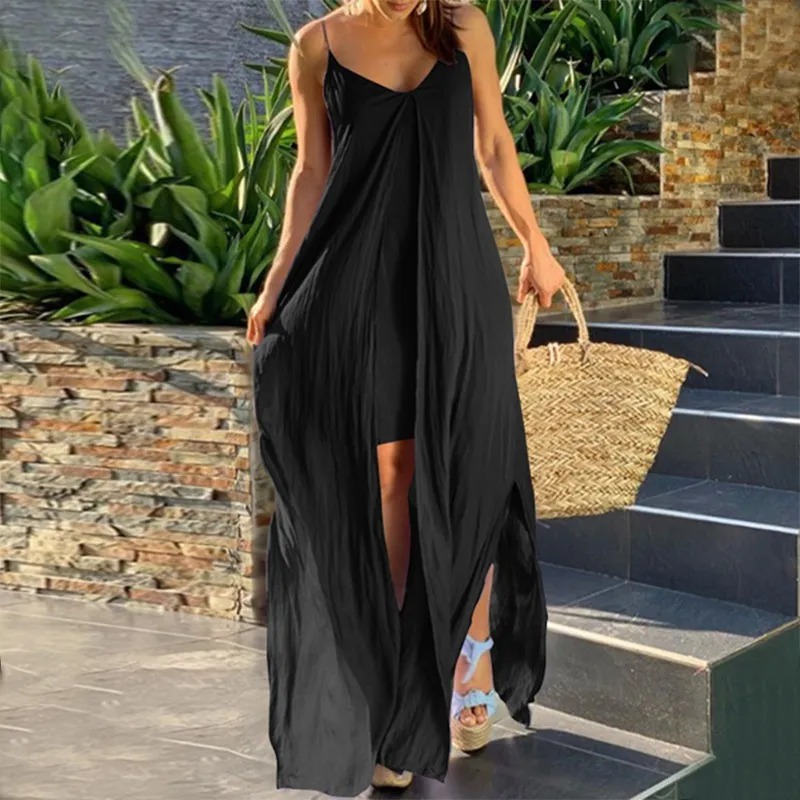 black flowy beach dress Black Smocked Flowy Boho Pleated Backless Maxi Dress – Aquarius Brand