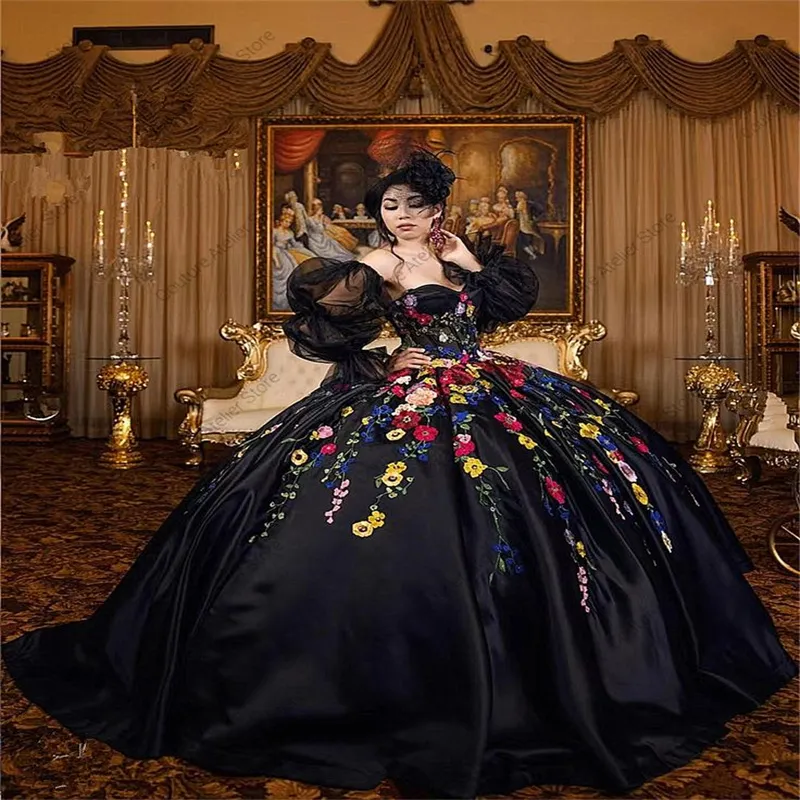 Mexican Party Dresses Black Charro Quinceanera Gown Colorful Flowers ...