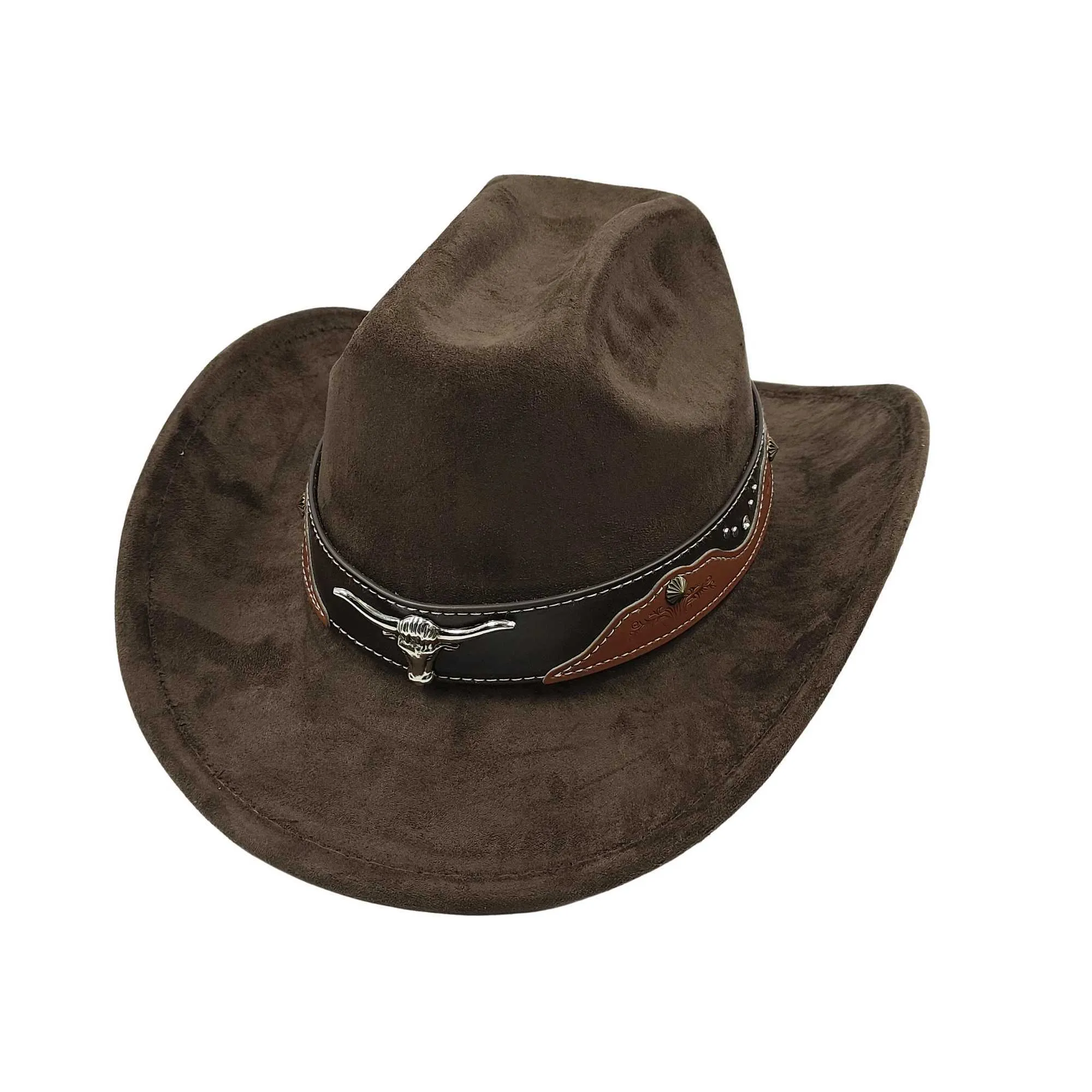 Brown Snakeskin Print Steer Head Cowboy Brim Fedora Hat Western Panama Accessory Vintage Western Cowboy Hat Ox Head Belt Rivet Fedora Hats  main image 3