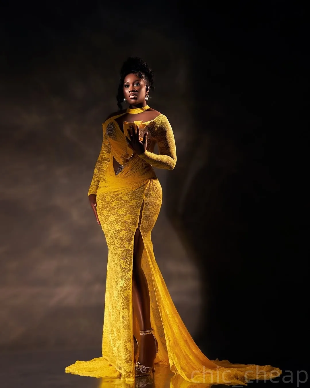 Yellow Lace Mermaid Prom Dress with Beaded Side Split and Sweep Train, Plus  Size, Long Sleeves, Lace-Up Back from Dhgate Prom Dresses - price 208.05