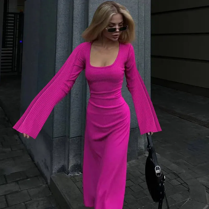 fine knitted trumpet sleeve midi dress Fine Knitted Trumpet Sleeve Midi Dress Black