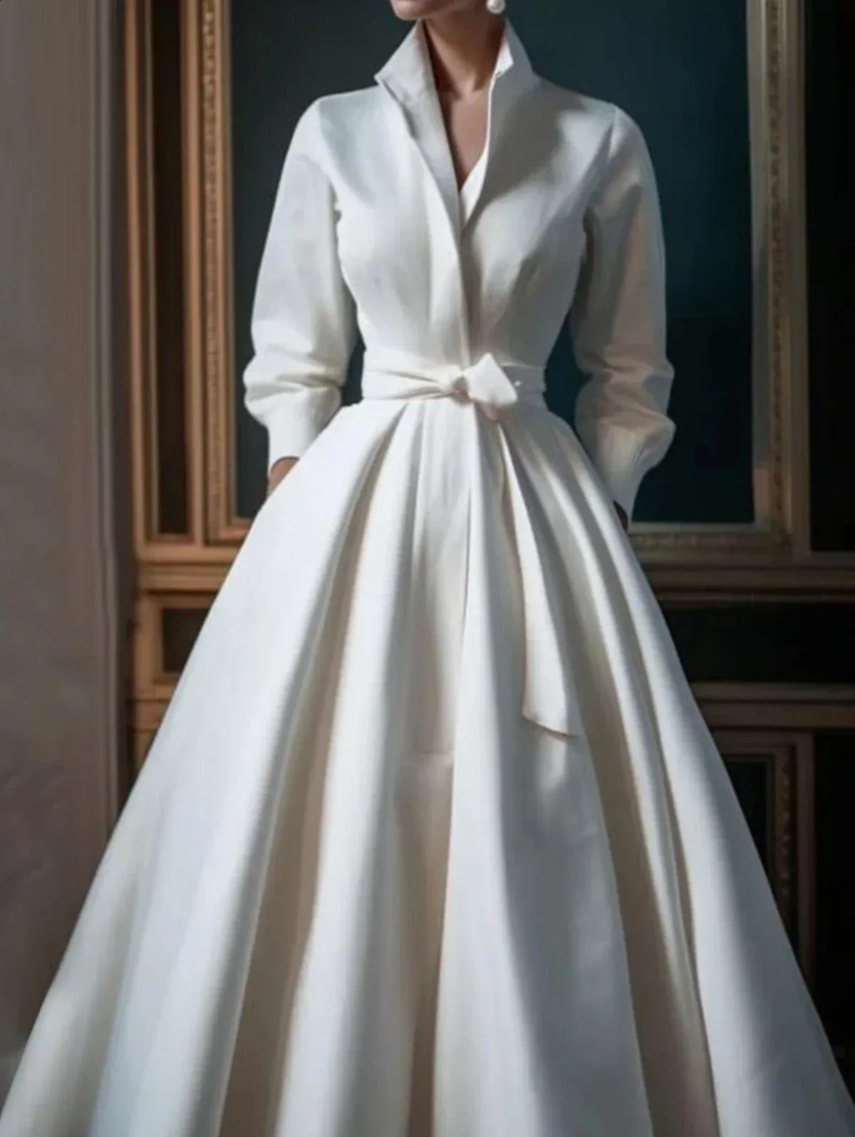 elegant shirt dress for wedding Women Elegant Shirt Dress Long Sleeve Stand Collar White Minimalist A- main image 0
