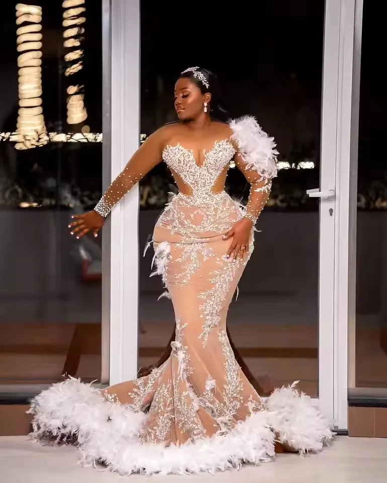 Customizable Mermaid Aso Ebi feather bridal dress with Feathers Lace for Stic Wedding Party in 2025 Customizable Mermaid Aso Ebi feather bridal dress with Feathers Lace for Stic Wedding Party in 2025