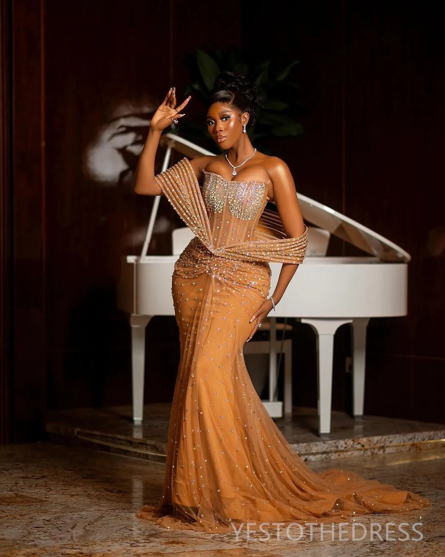 2024 Aso Ebi Champagne Prom Dresses For Black Women Mermaid Promdress  Illusion Evening Dresses Elegant Rhinestones Decorated Tulle Gala Engagement  Gowns AM1274 From 264