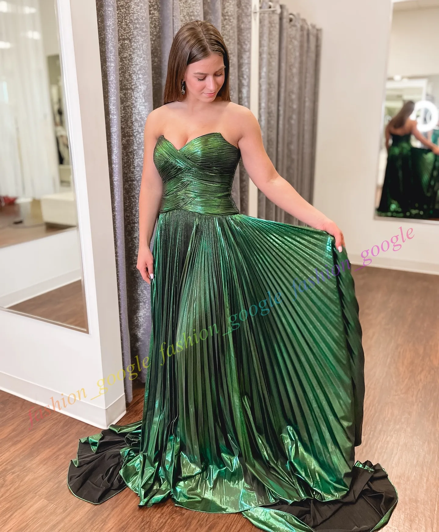 Metallic Prom Dress Drop Waist Strapless Pleated Ruched Weave A Line High Slit Long Pageant Winter Formal Event Party Gown Guest Red Carpet Runway