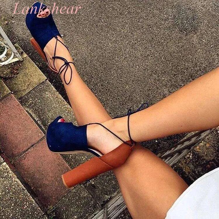 2024 Summer Peep Toe Platform Block Heels with Ankle Strap Mixed Color Sexy Sandals for Women
