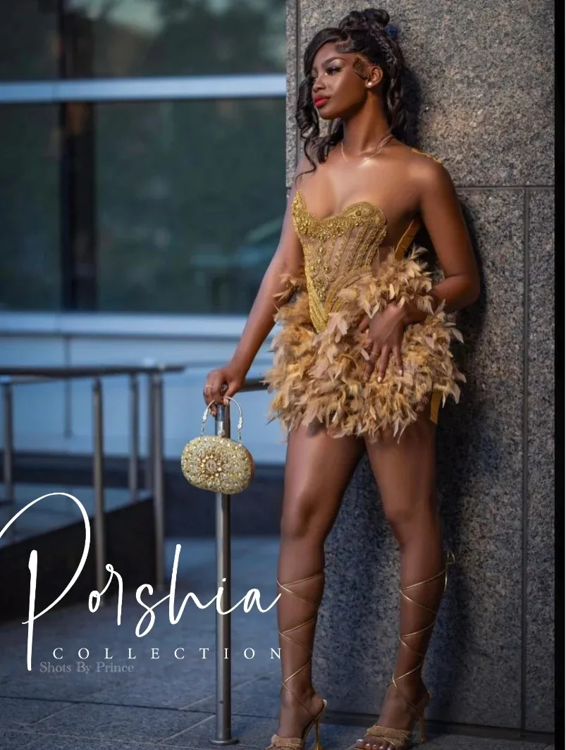 Shimmering Crystal Feather Gold Short Prom Dress for Black Girls: African  Elegance for Special Occasions J042