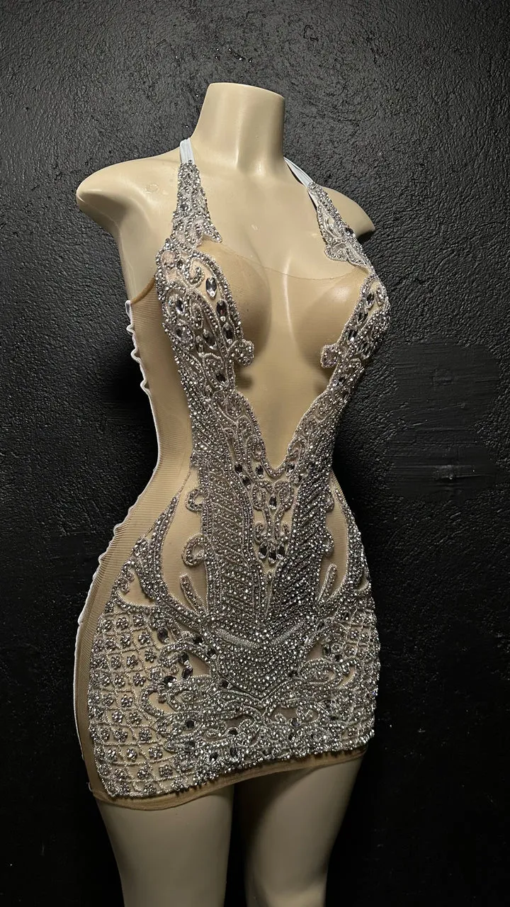Champagne Ruched Sparkling Crystal Halter Party Dress Champagne Ruched Sparkling Crystal Halter Party Dress