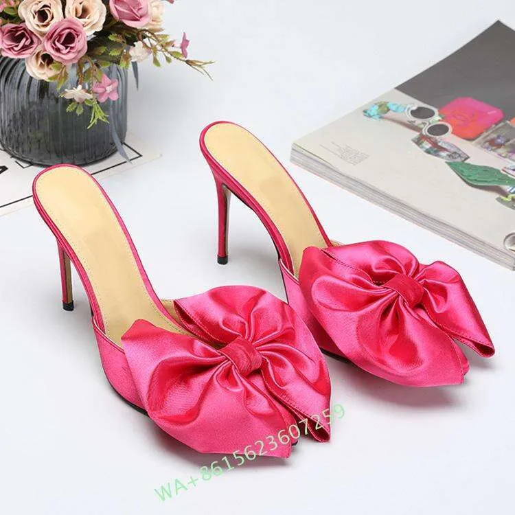 DHgate Big Bow Peach Pink Silk High Slipper Stiletto Heels Peep Toe Butterfly Knot Sandals Shoes Accessories