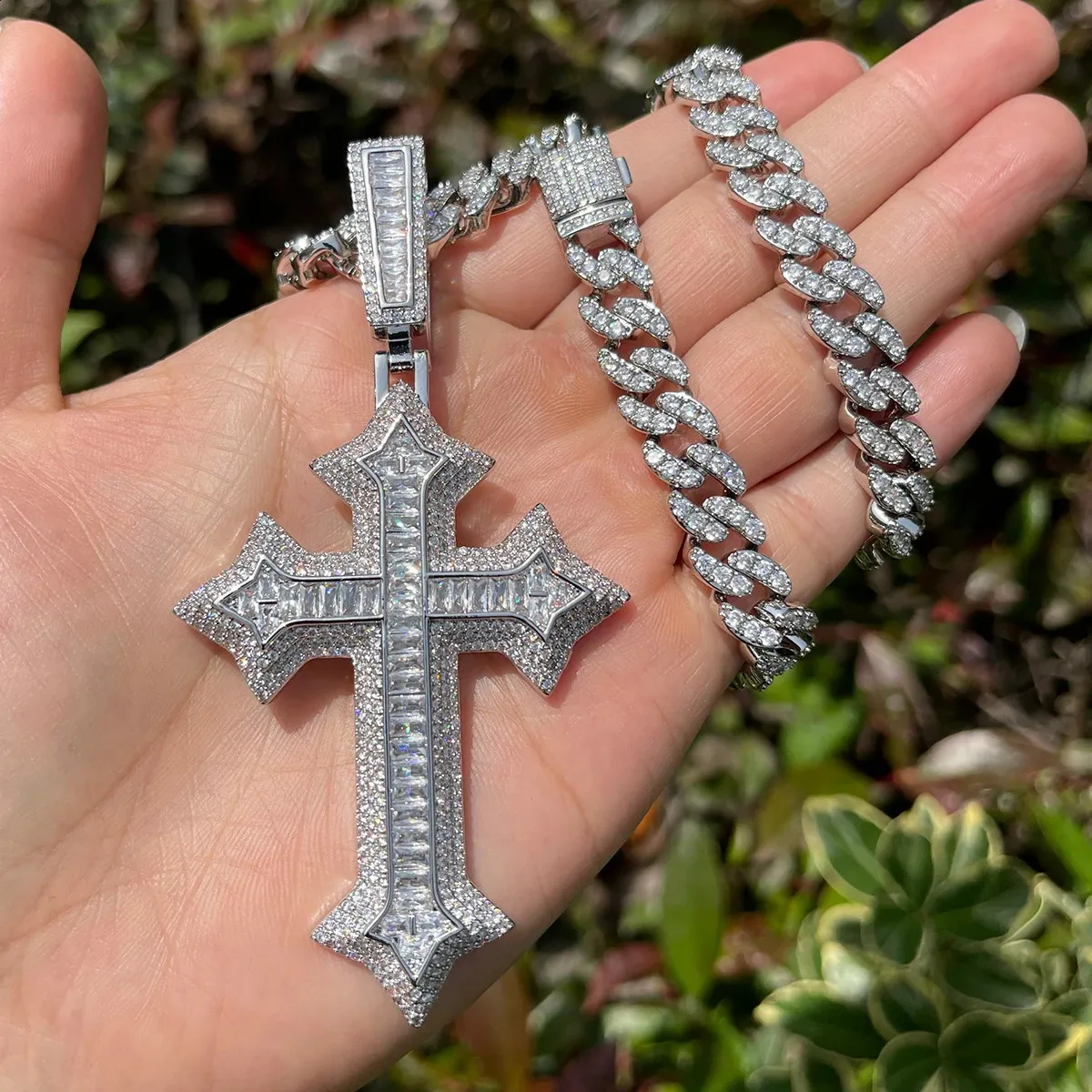 Mens Copper Iced-Out Cross Necklace with Cubic Zirconia