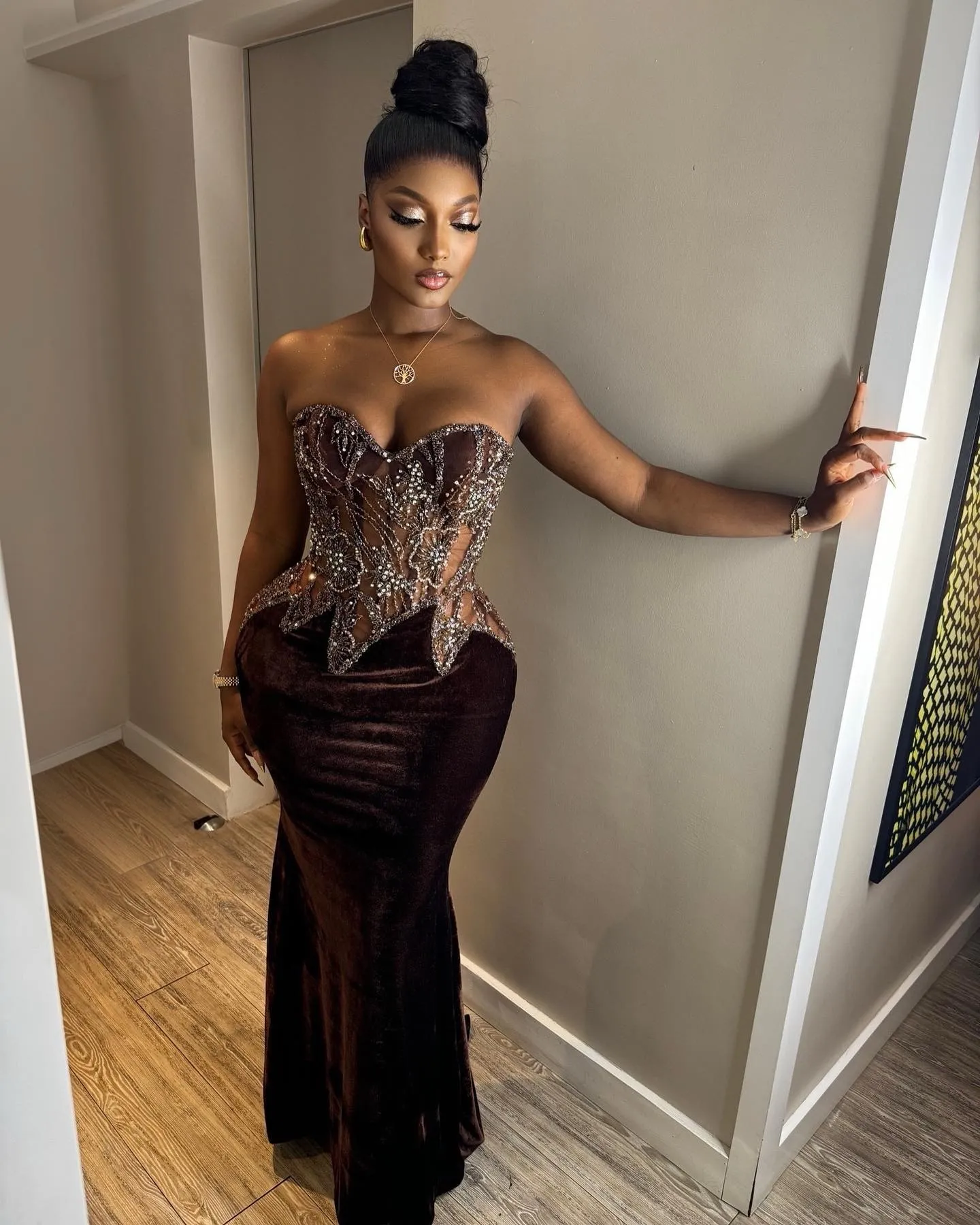 Plus Size Brown Velvet Mermaid Prom Dress with Beaded Lace and
