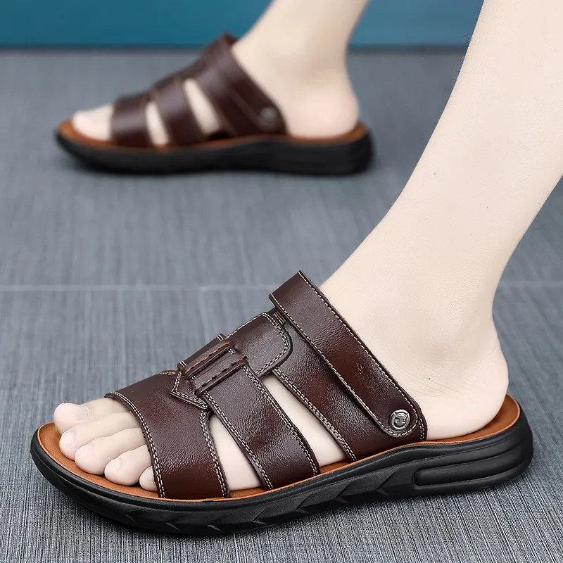 thumbnail interactive-video image 1 of VOODUE Men's Leather Sandals - Breathable Summer Beach Slippers Outdoor Shoes 1 of 12