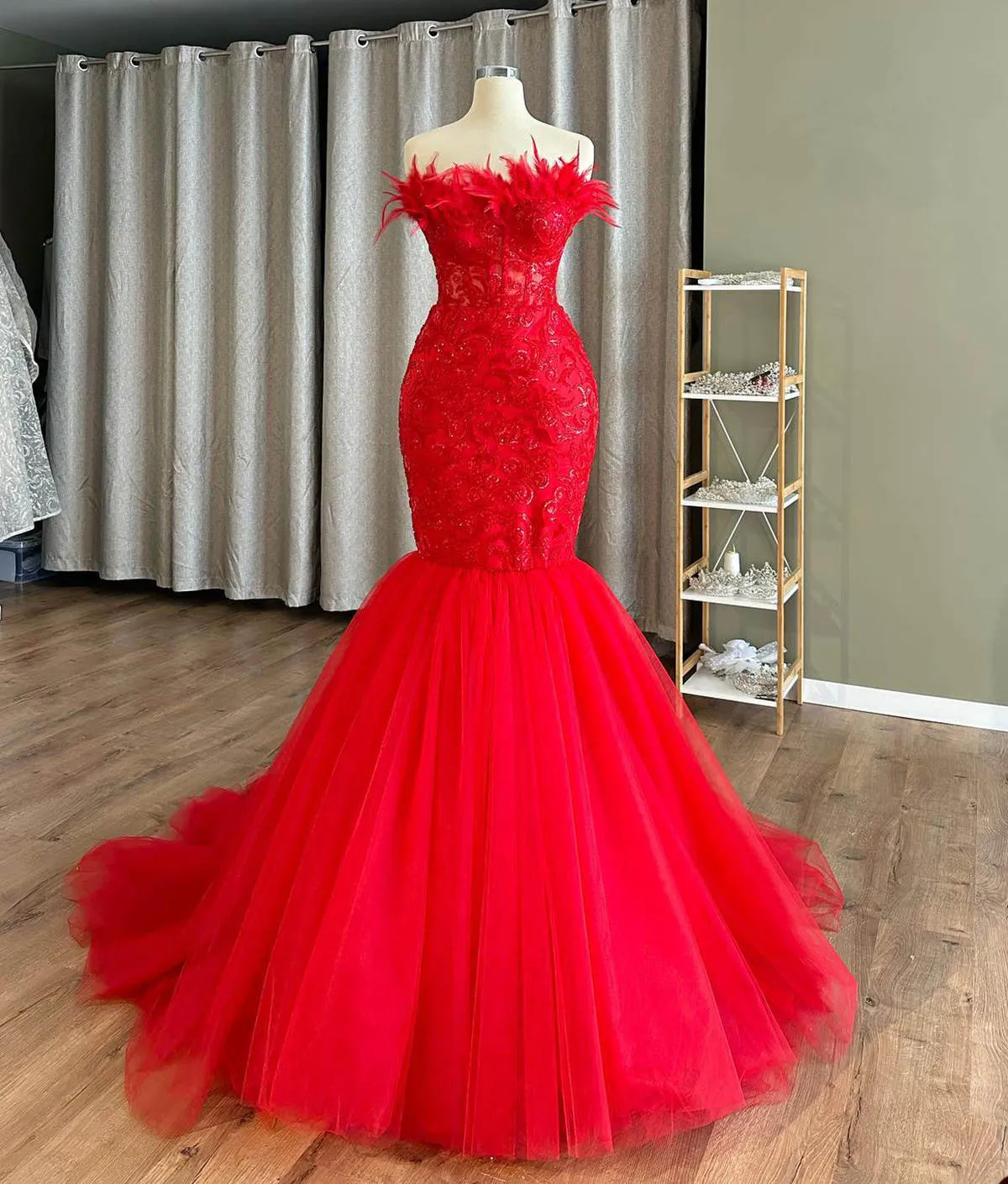Vintage Sequin Mermaid Prom Dress Strapless Ruffle Tiered Train Gown