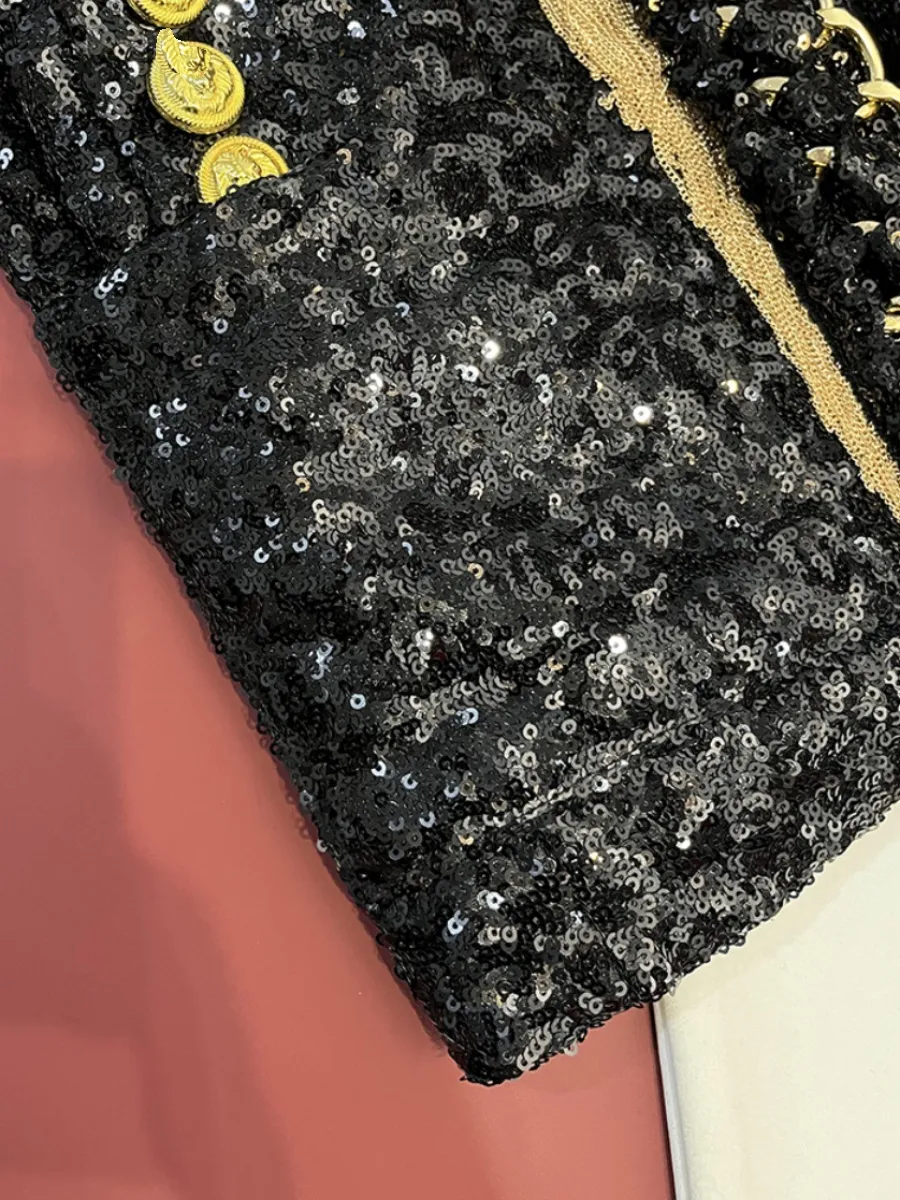 2024 Autumn Black Sequins Panelled Gold Metal Tassel Jacket Short