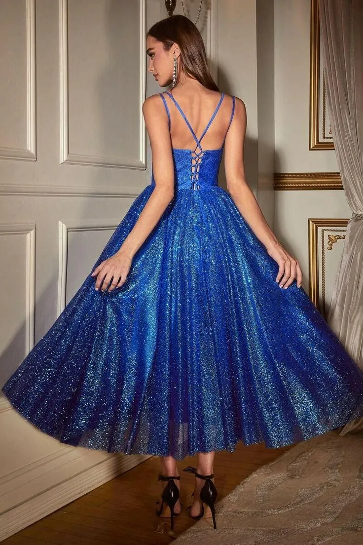 empire waist tea length dress Elegant Shimmer Deep V Neck Empire Waist Kink Design Chiffon Dresses Tea  length Lining Evening Dress
