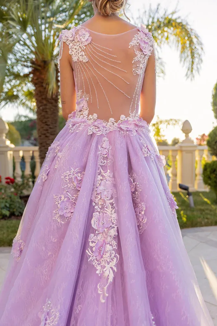 Lilac Backless A-Line Evening Dress with Beaded Floral Appliques and Sweep  Train from Dhgate Evening Dresses