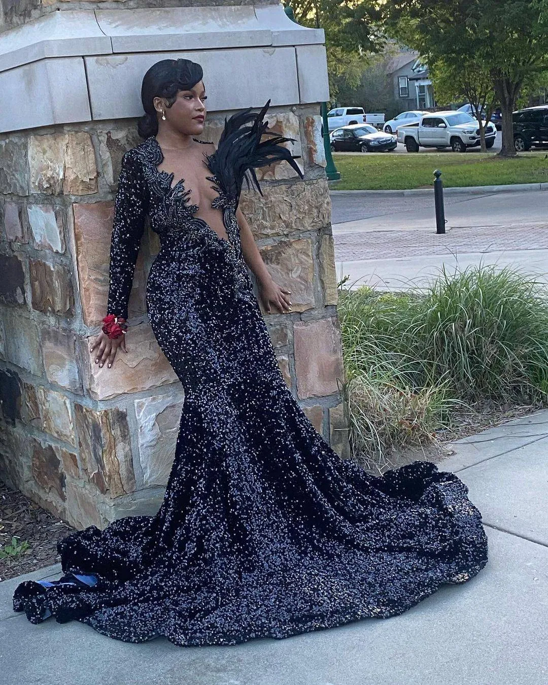 open lace back dress Mermaid Sequin Light Blue Spaghetti Straps Sweep Train Prom Dresses Light Blue / US10