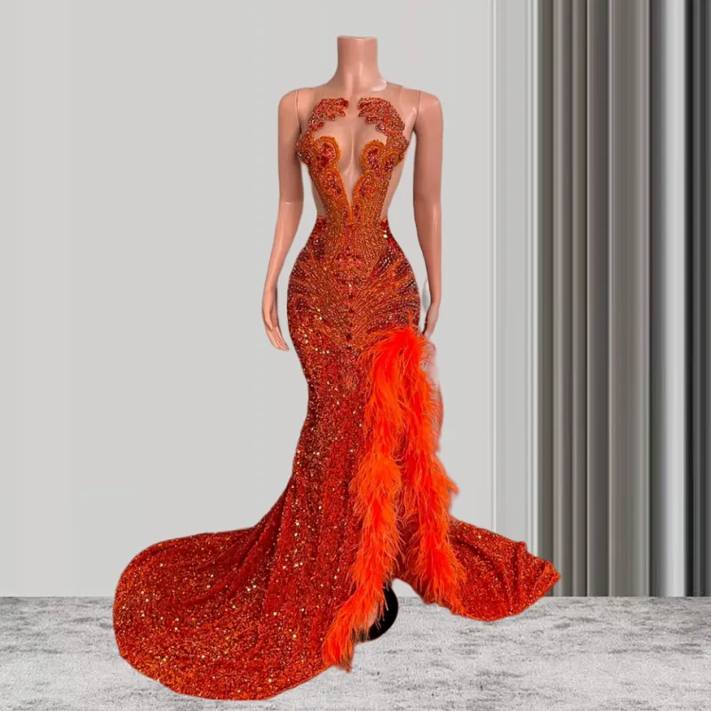 Red Sheer Feather Women Long Prom Dresses for Black Girls Mermaid Sparkly Diamond African American Prom Gowns Evening Gala Party Dresses Red Sheer Feather Women Long Prom Dresses for Black Girls Mermaid Sparkly Diamond African American Prom Gowns Evening Gala Party Dresses