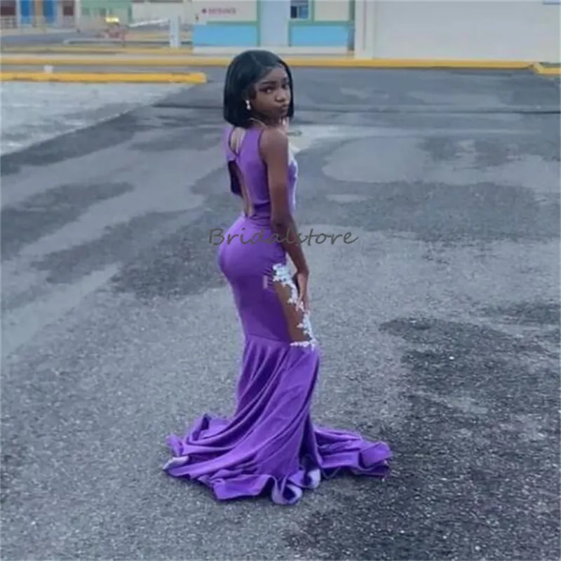 strapless open back dress Mermaid Black High Side Slit Prom Dresses Lace Appliques Tulle Evening –  Hoprom main image 1