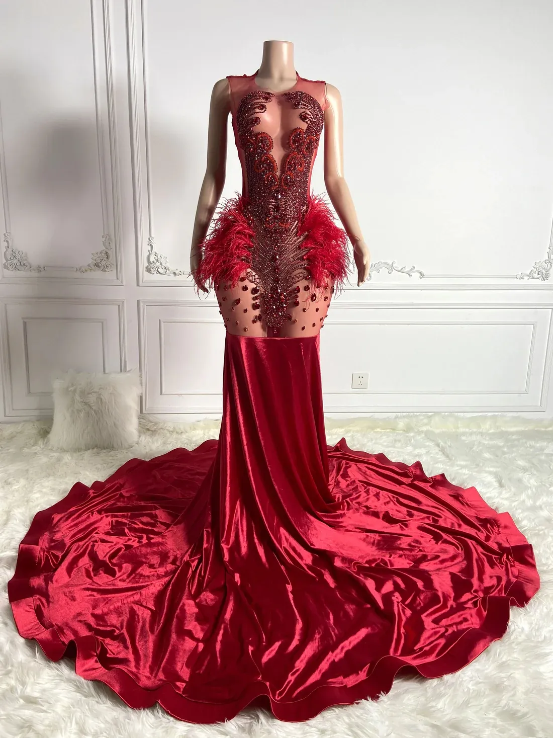 Burgundy Sheer Feather Women Long Prom Dress with Mermaid Silhouette and  Crystal Beaded Embellishment from Dhgate Prom Dresses - price 184.0