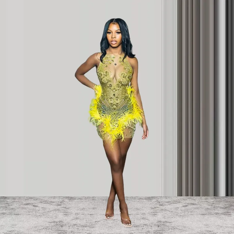 yellow beaded mini dress Lita Beaded Strap Mini Dress – AMUR