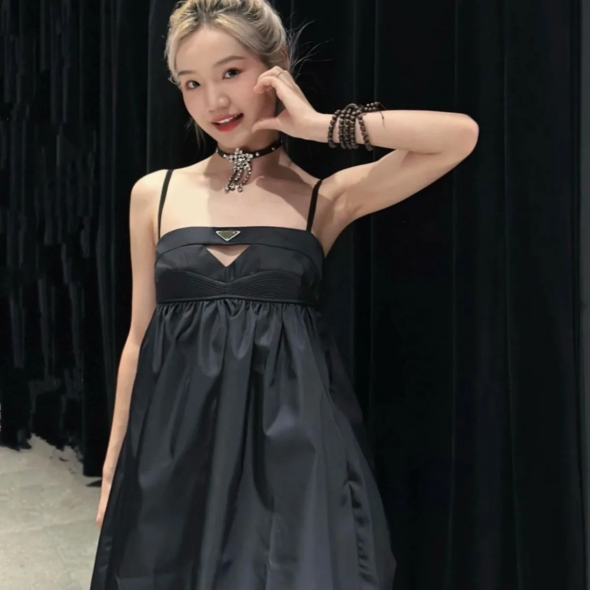 Women spaghetti strap black hollow-out chest triangle logo appliqued loose  dress S M L from Dhgate Basic & Casual Dresses - price 34.57