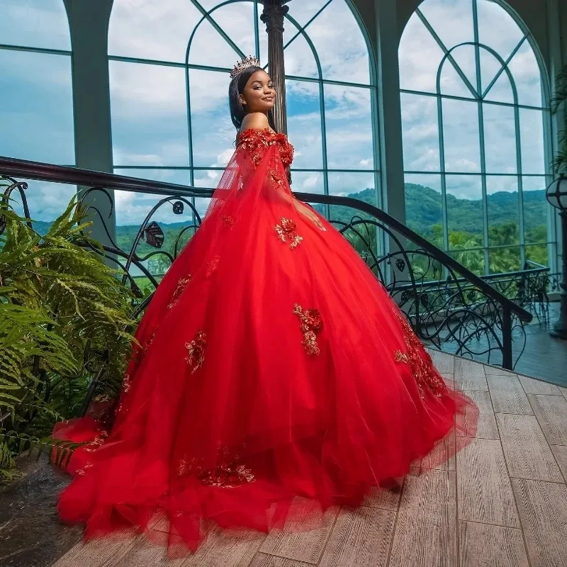 Red Shiny Sweetheart Ball Gown 15 Year Old Quinceanera Dresses 2024 With Cape 3DFlowers Applique Beads Birthday Party Dress From 300 27 DHgate
